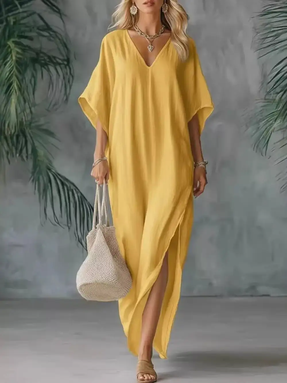 Full Size V Neck Maxi Dress With Side Slits Plus Size