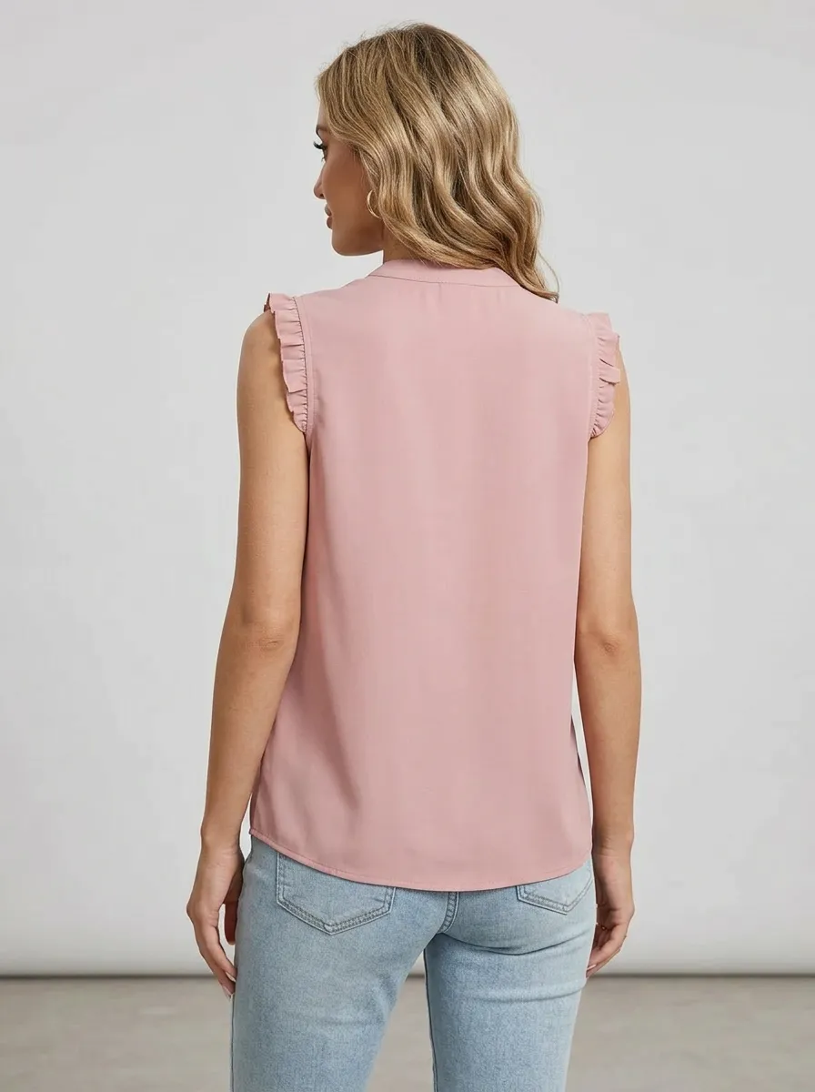 Pleated Button Front Ruffle Sleeveless Blouse