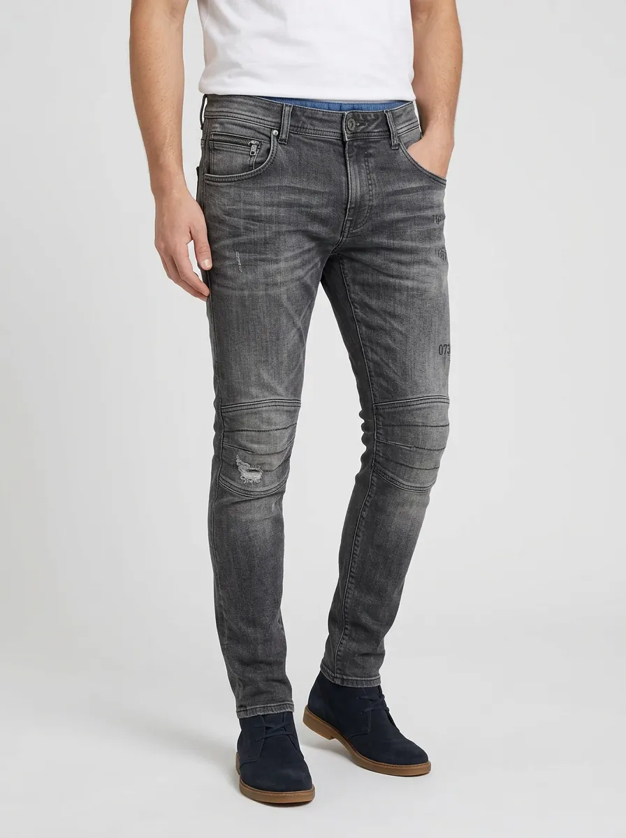 Men's Distressed Gray Biker Printed Slim-Fit Jeans