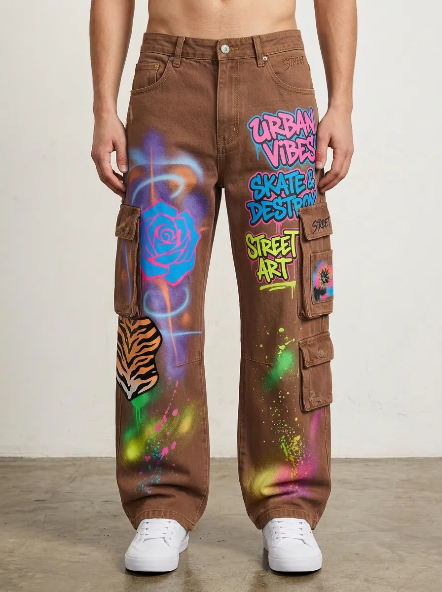 Men's Streetwear Graffiti Rose Tiger Graphic Cargo Jeans