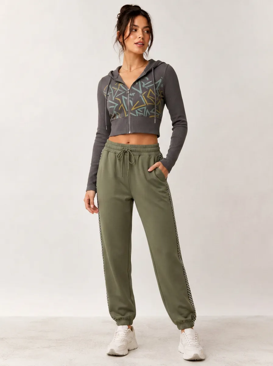 Women's Geometric Pattern Printed Ribbed Crop Hoodie Jogger Set