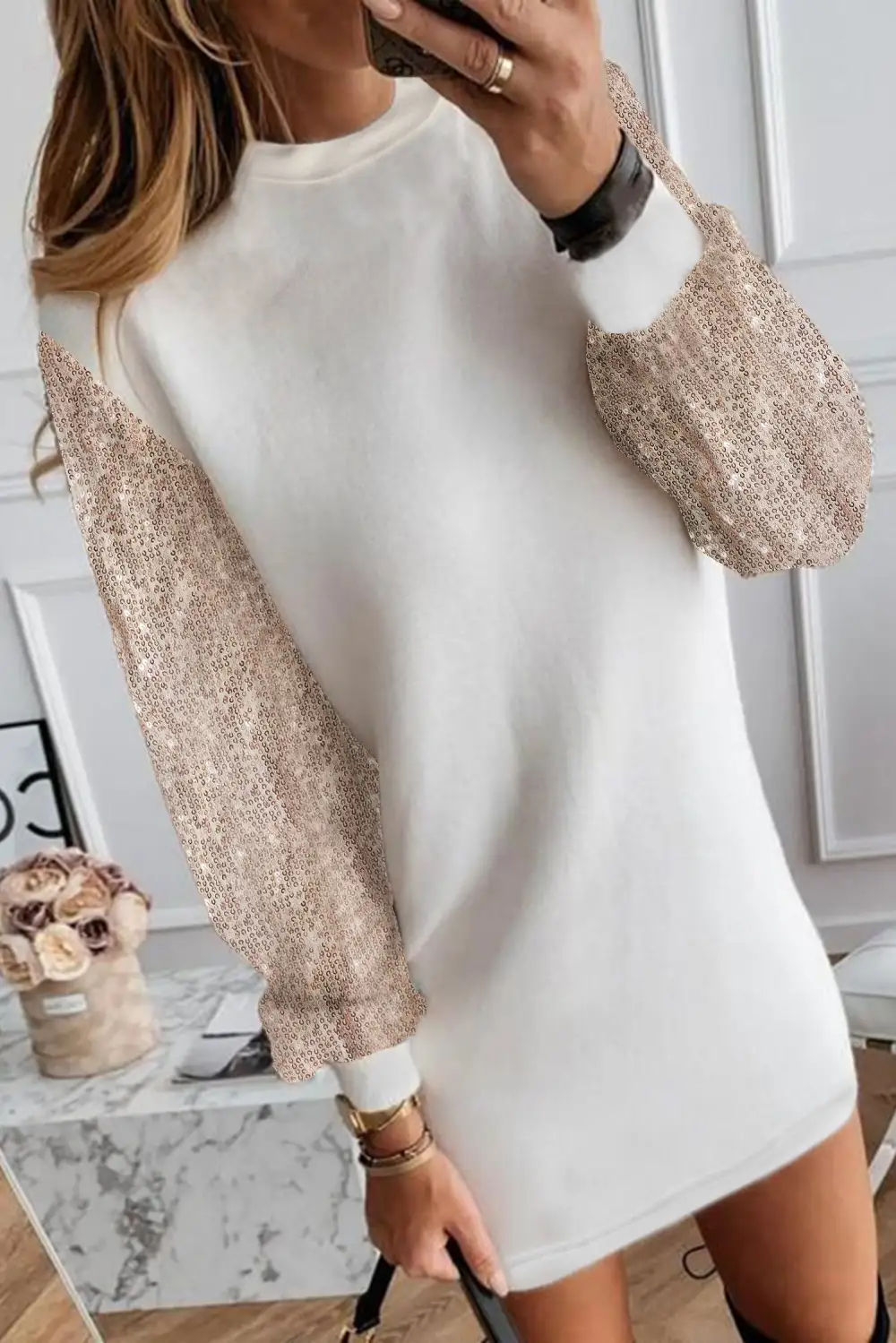 Sequin Puff Sleeve Shift Mini Dress
