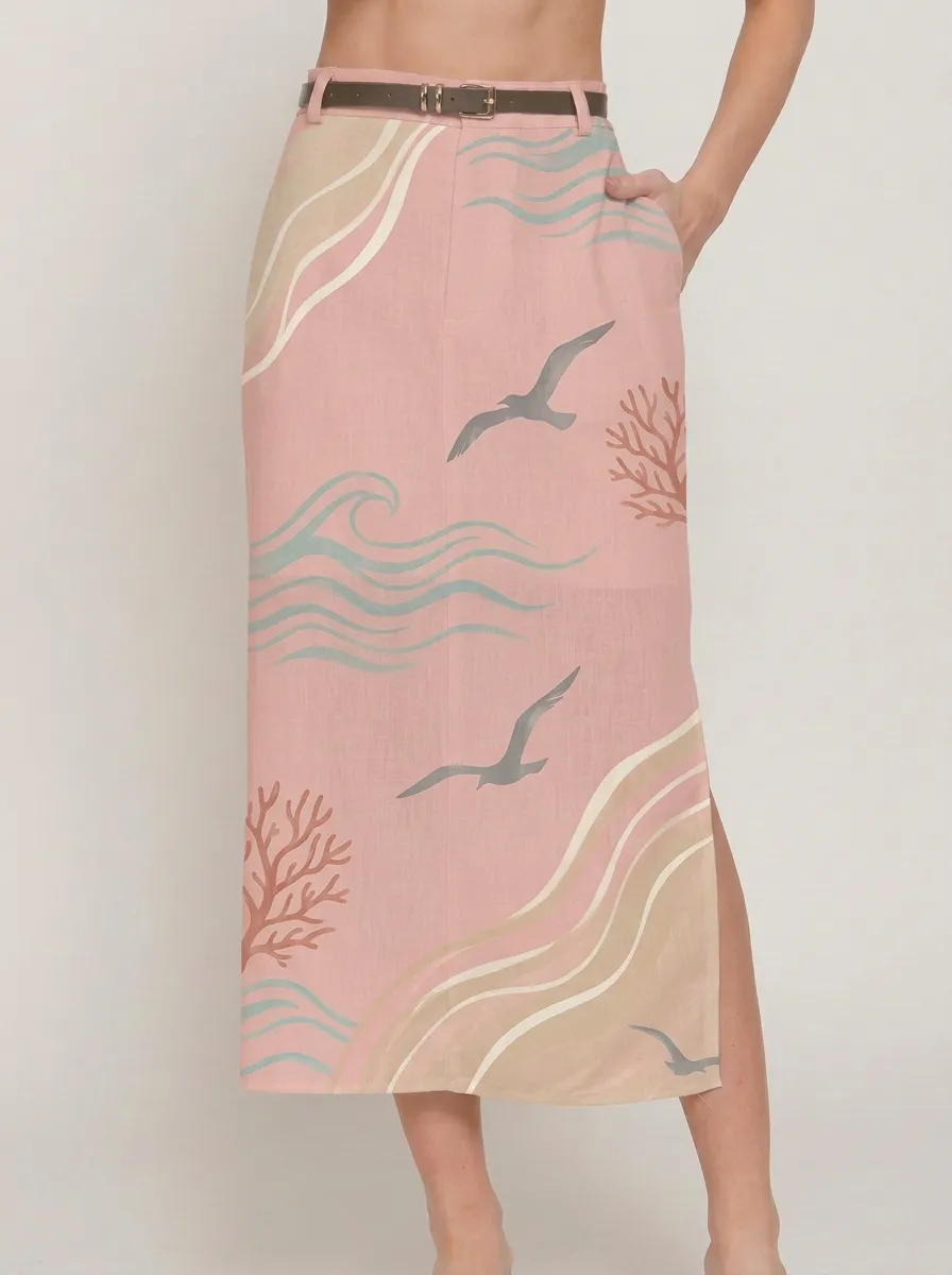Women's Beach Lover Seagull Coral Wave Printed Midi Skirt