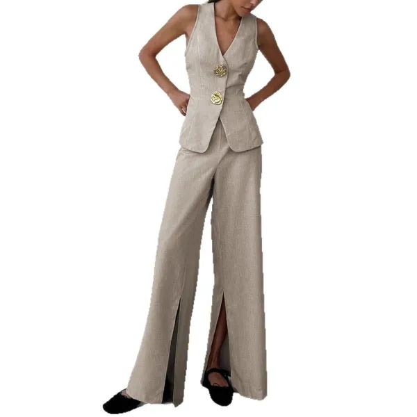 Relaxed V Neck Vest Split Leg Pants Set
