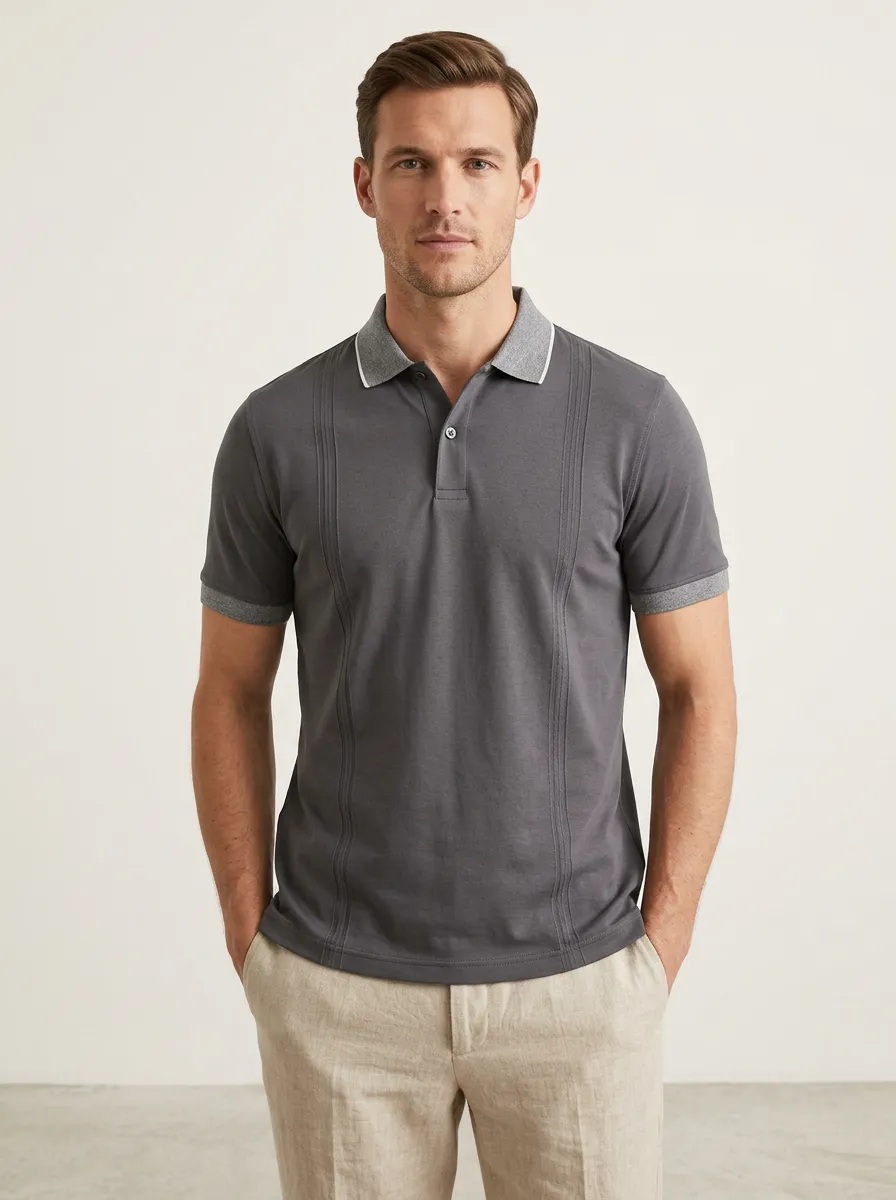 Men's Smart-Casual Grey Vertical Striped Contrast Collar Polo Shirt