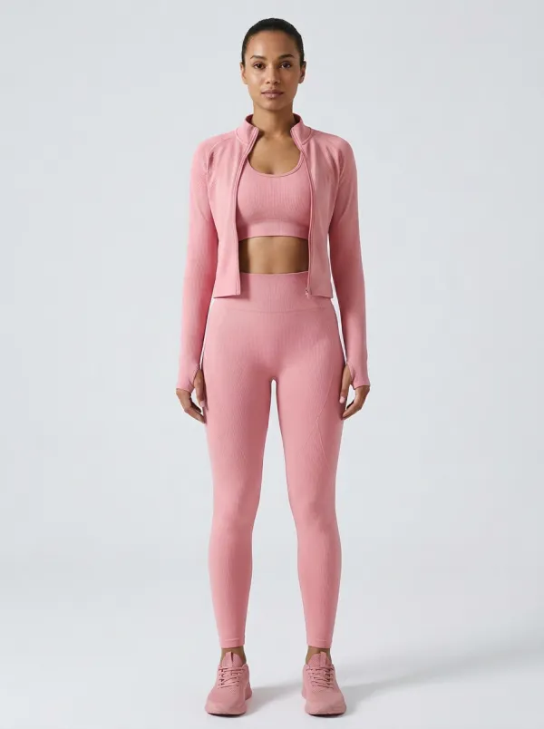 Utility Ribbed Texture Seamless Design Profile Women's Three Piece Activewear Set