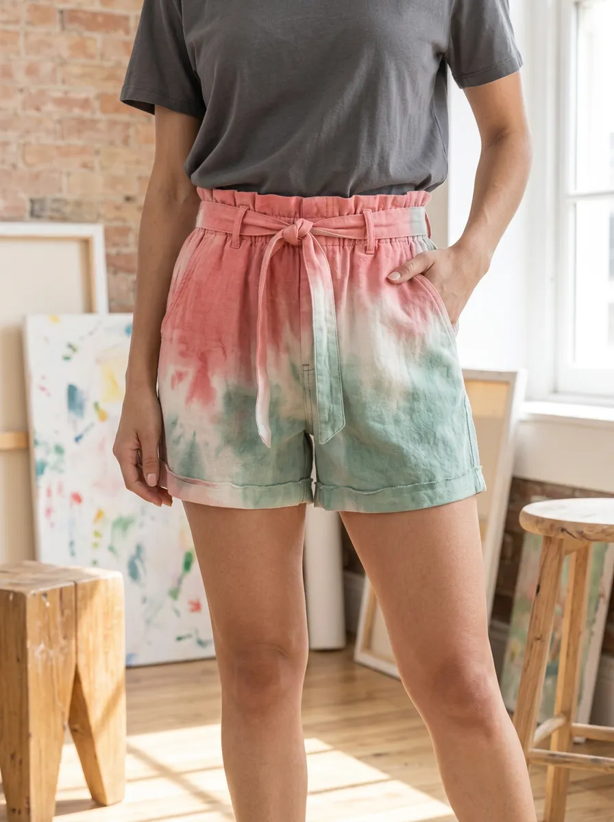 Women's Relaxed Summer Casual Pink Green Tie-Dye Printed Shorts