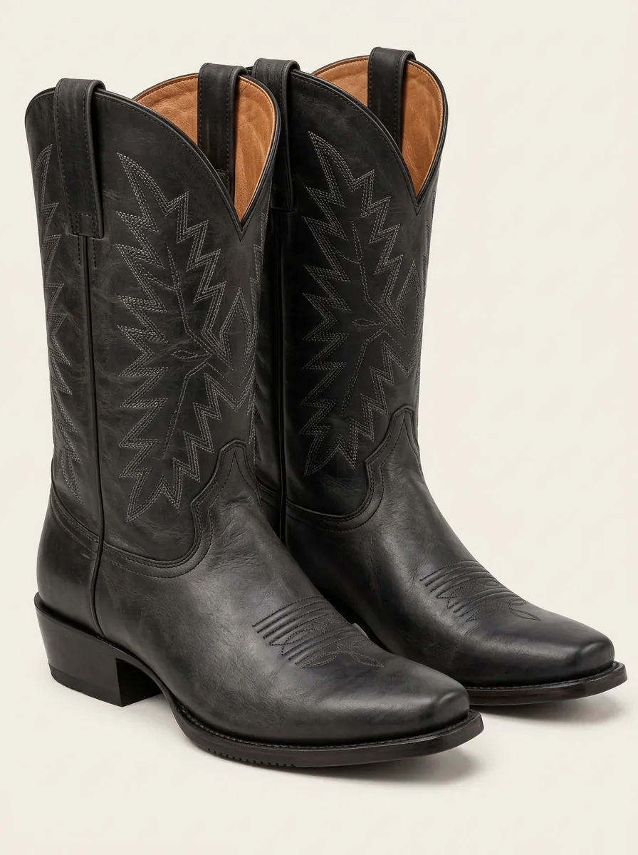 Men's Black Leather Cowboy Boots with Star Stitching
