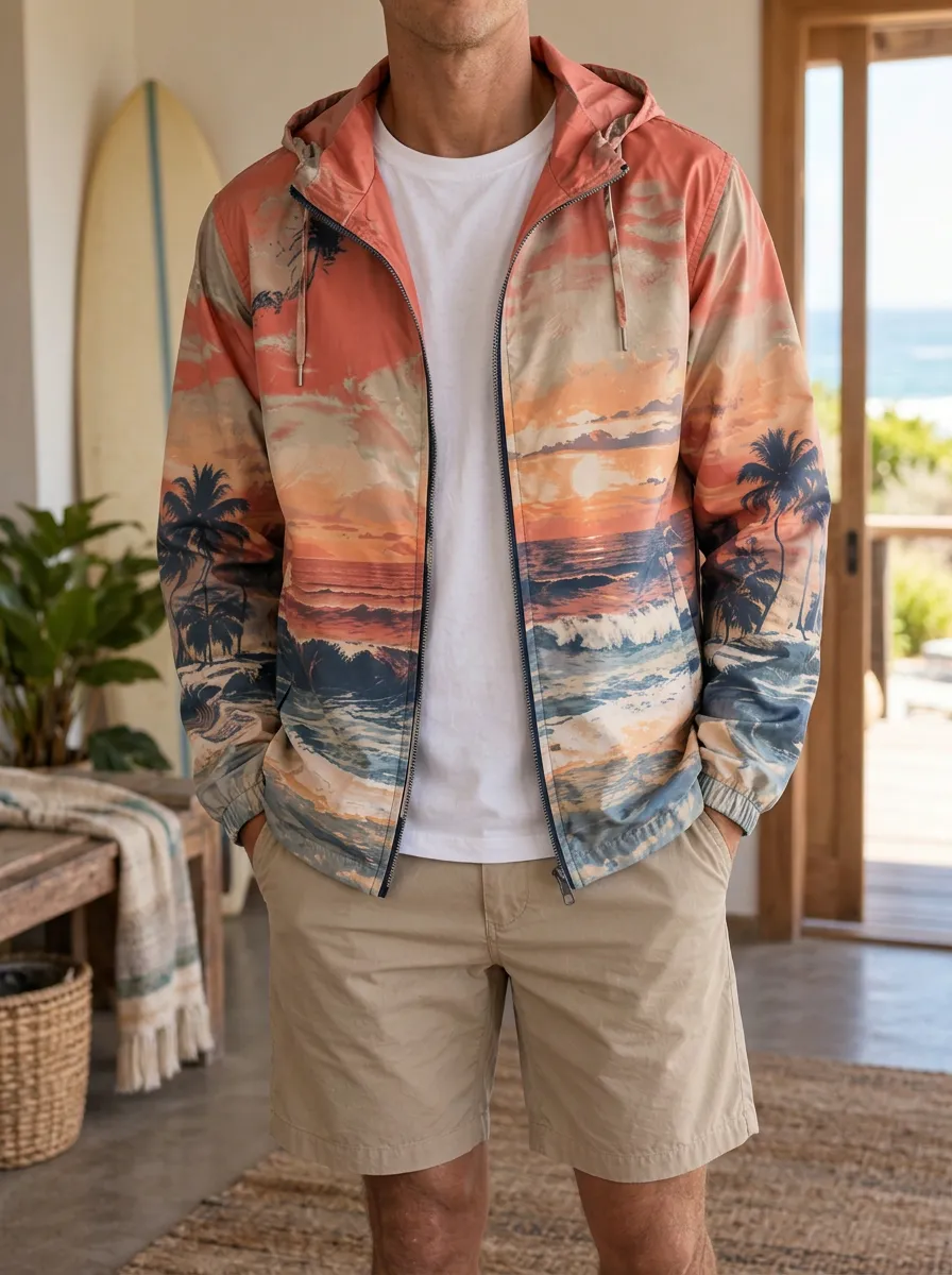 Men's Beach Tropical Sunset Palm Tree Rugged Trail Jacket
