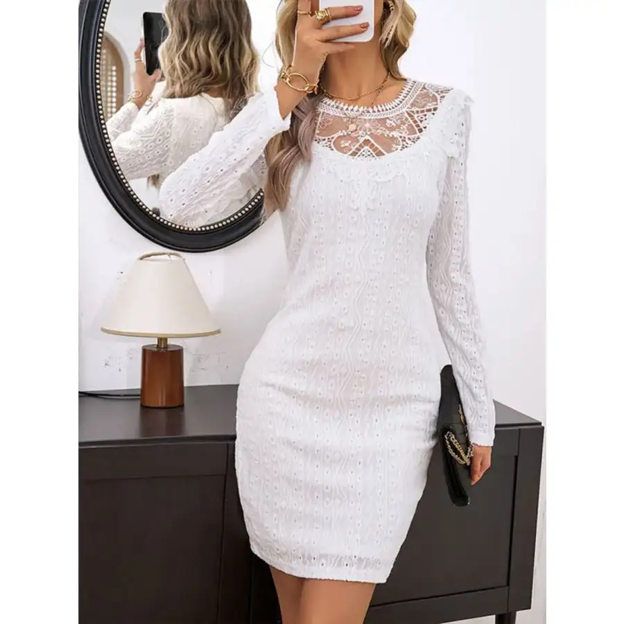 Lace Detail Round Neck Long Sleeve Mini Dress
