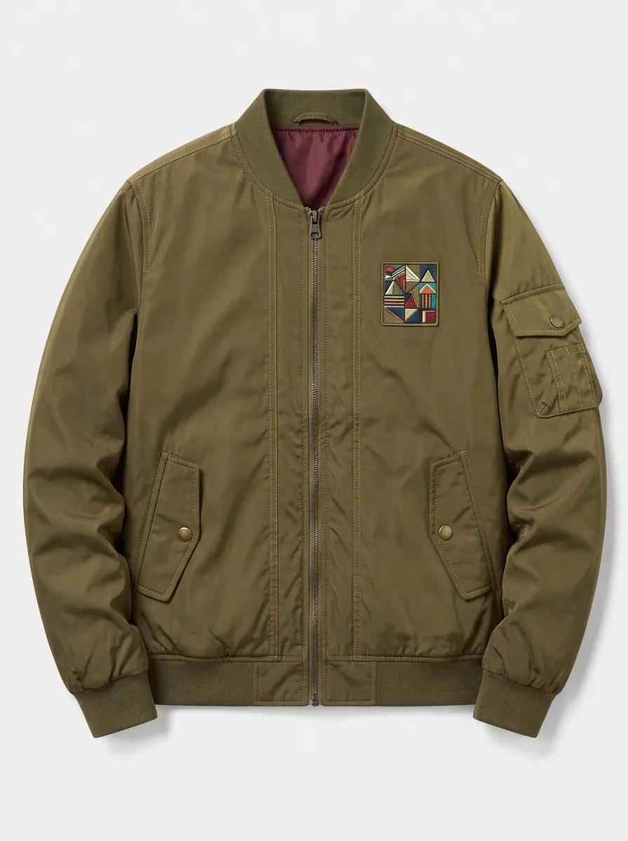 Men's Geometric Patch Olive Green Printed Bomber Jacket