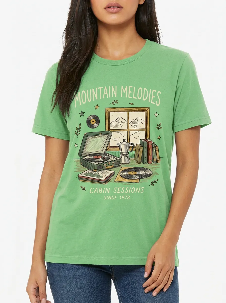Women's Music-Inspired Mountain Melodies Record Player Printed T-Shirt