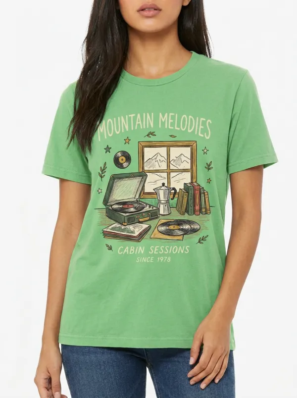 Women's Music-Inspired Mountain Melodies Record Player Printed T-Shirt