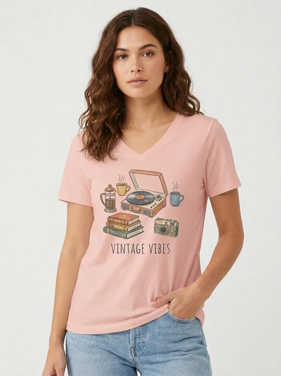 Women's Retro Record Player Books Camera Graphic V-Neck T-Shirt