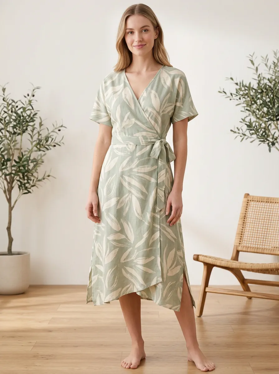 Women's Botanical Lover Sage Green Leaf Printed Wrap Dress