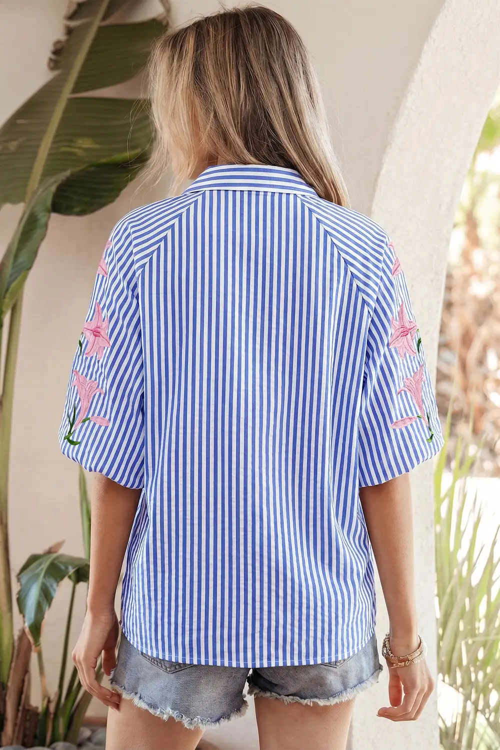 Women's Floral Print Striped Button Front Blouse