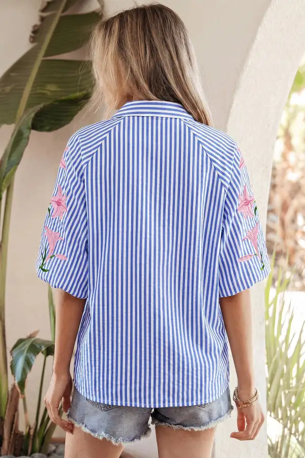 Women's Floral Print Striped Button Front Blouse