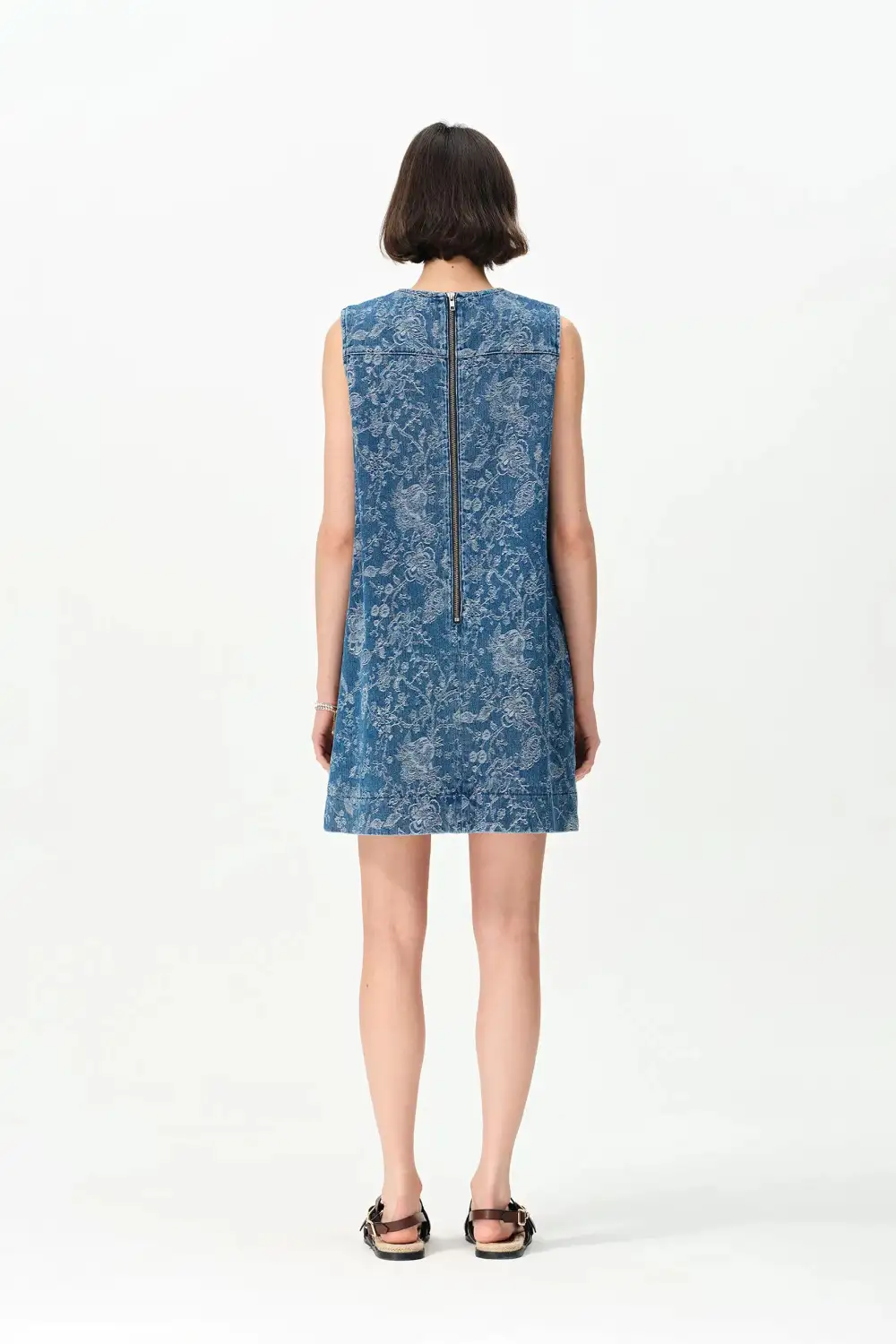 Round Neck Floral Laser Cut Cotton Denim Mini Dress