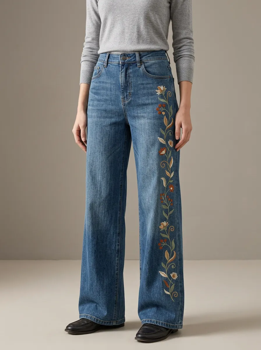 Women's Floral Vine Side-Embroidered Wide-Leg Stretch Jeans