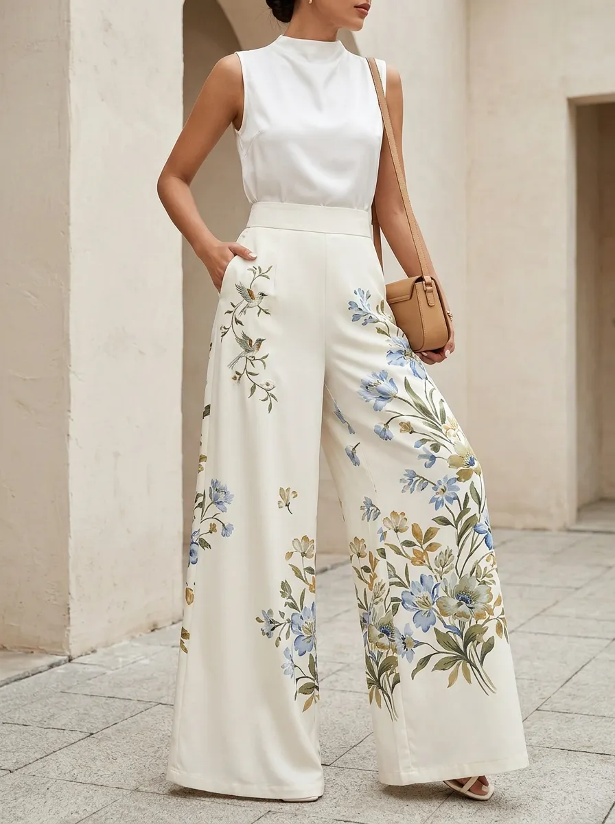 Women's Floral Bird Botanical Patterned High-Waisted Wide-Leg Pants