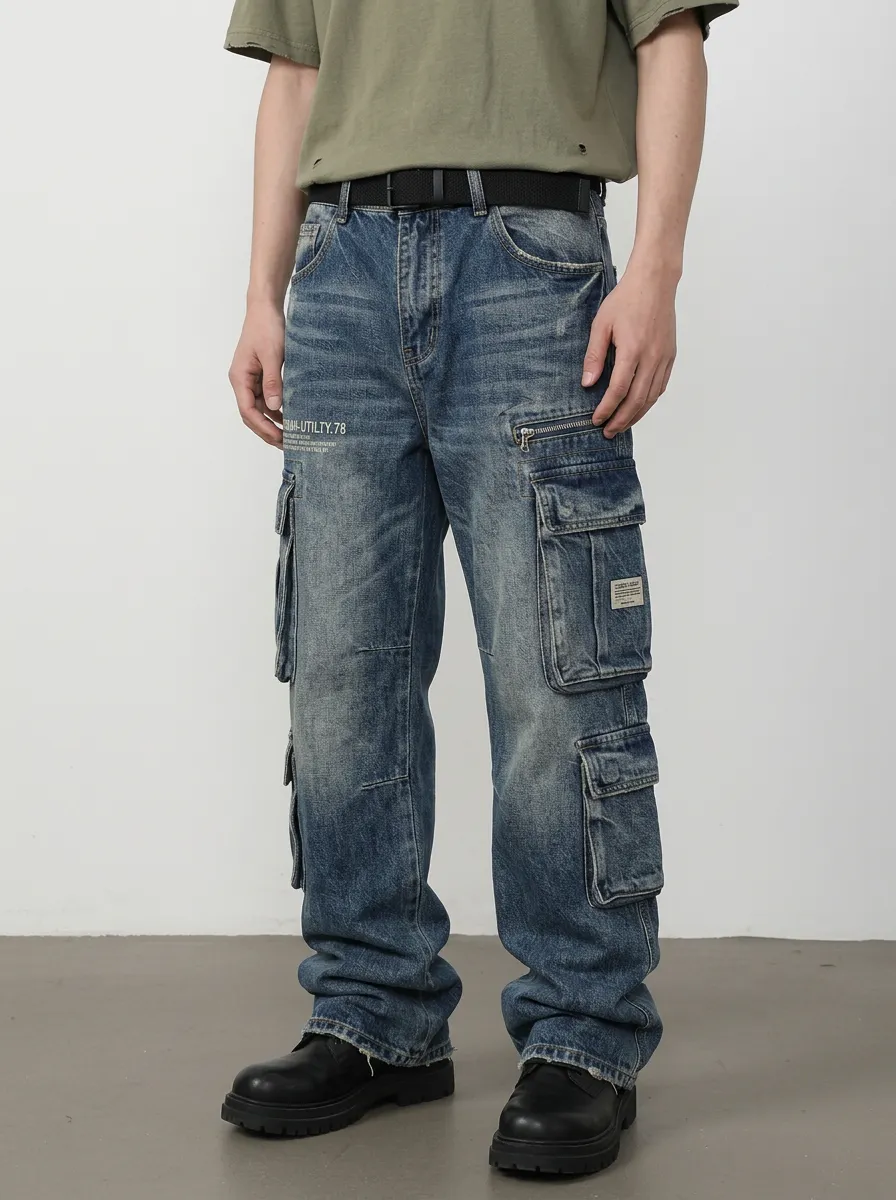 Men's Streetwear Utility 78 Letter Printed Denim Cargo Jeans