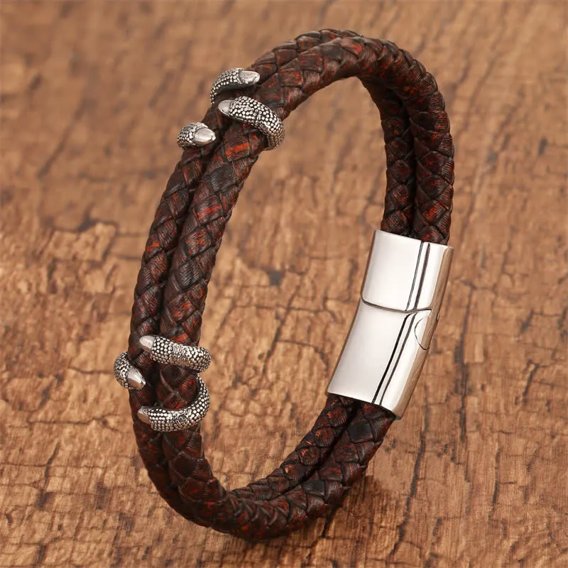 Braided Leather Dragon Claw Stainless Steel Bracelet