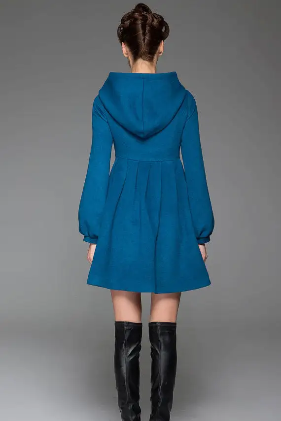 Wool Fit and Flare Hooded Single Breasted Lantern Sleeve Coat