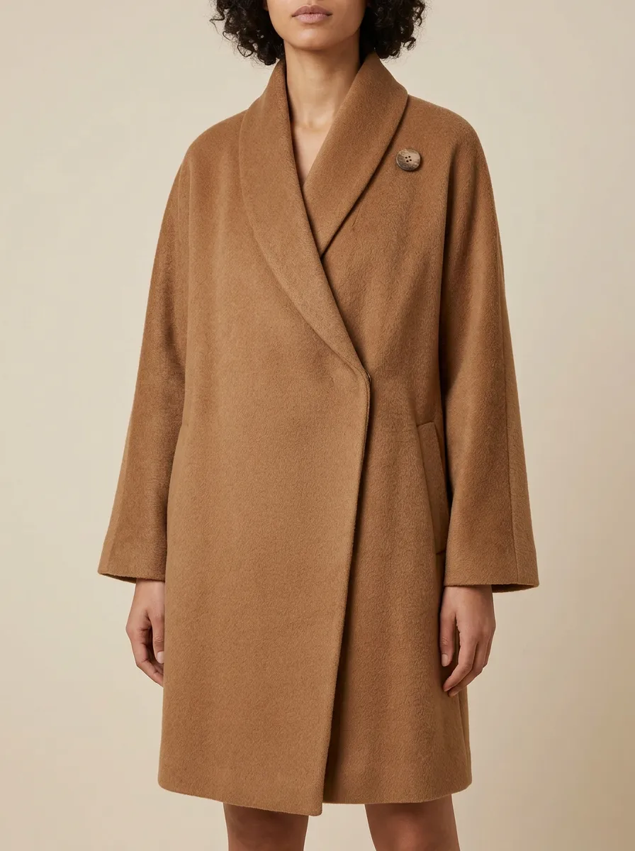 Women's Minimalist Camel Shawl Collar Single Button Wool Coat