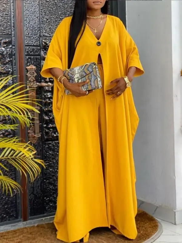 Women's Bat-sleeve Slit Solid Color Long Jacket and Trousers Two Sets