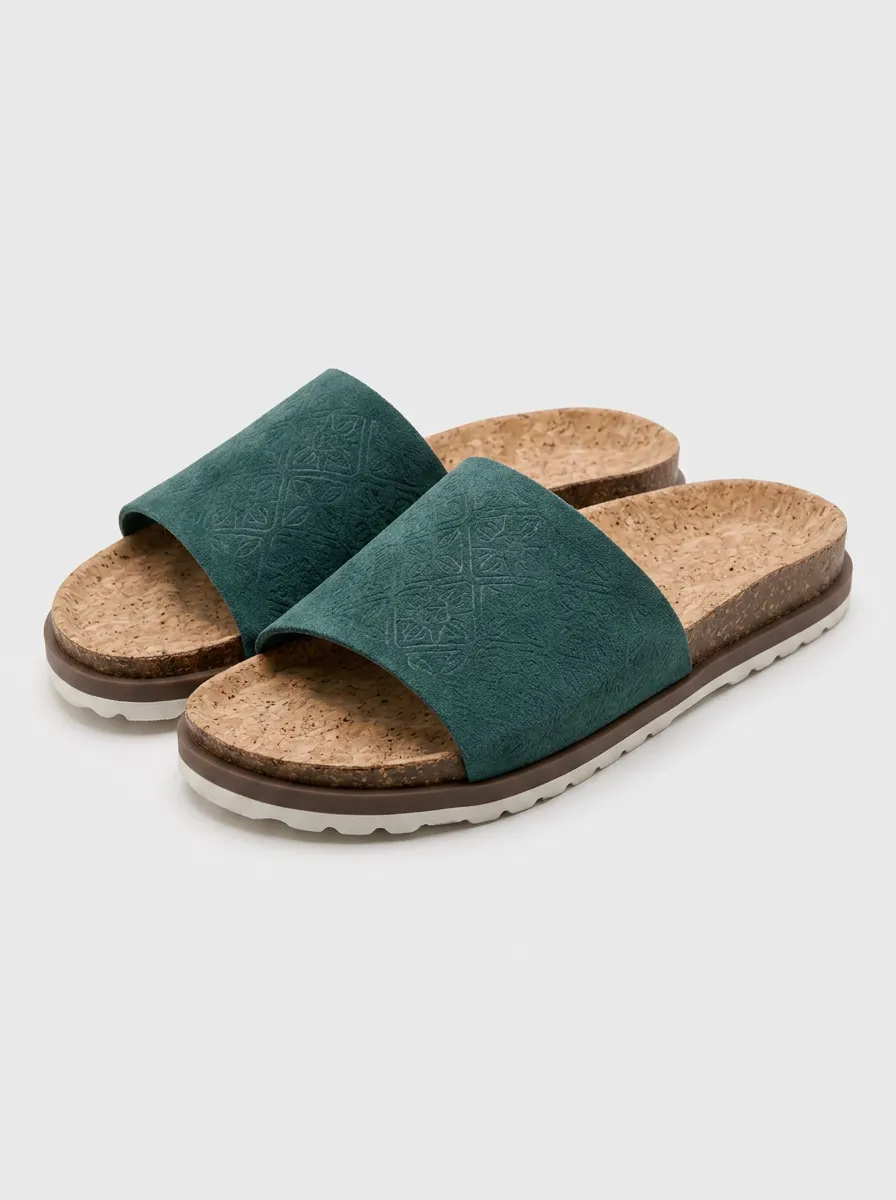 Unisex Boho Geometric Pattern Green Suede Cork Printed Slides