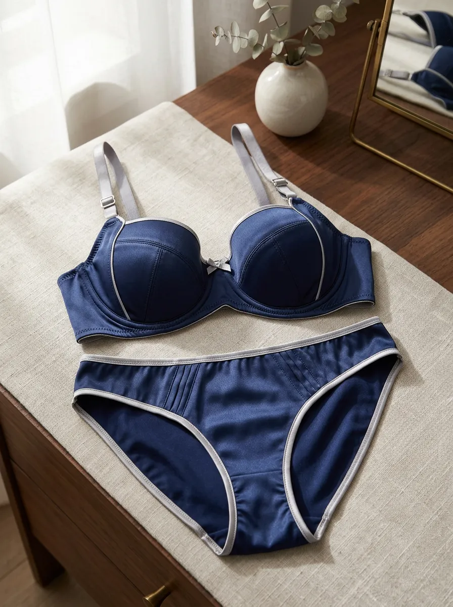 Women's Satin Contrast Trim Satin Seamless Lingerie Set