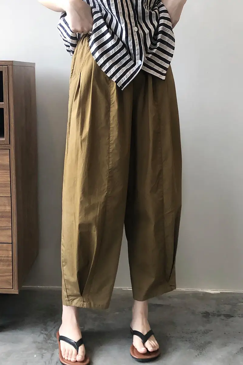 Refined Cotton Wide Leg Elastic Waist Pocketed Trousers