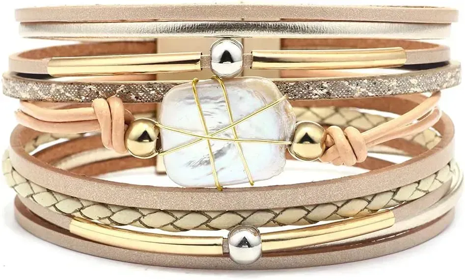 Fesciory Leather Wrap Bracelets for Women, Boho Leopard Multi-Layer Crystal Beads Cuff Bracelet Jewelry