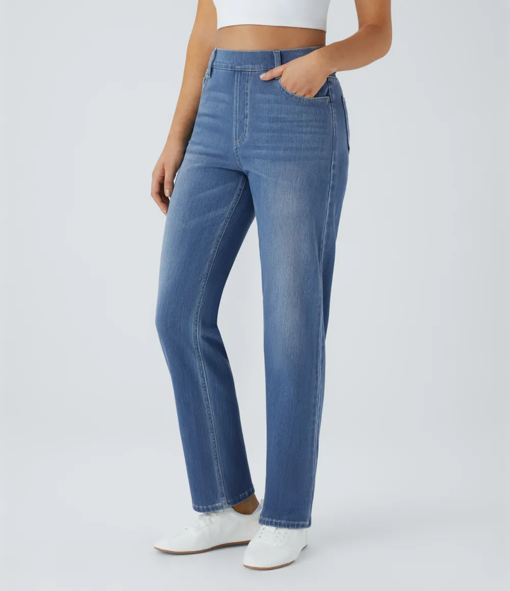 Magic High Waisted Multiple Pockets Straight Leg Washed Stretchy Knit Casual Jeans