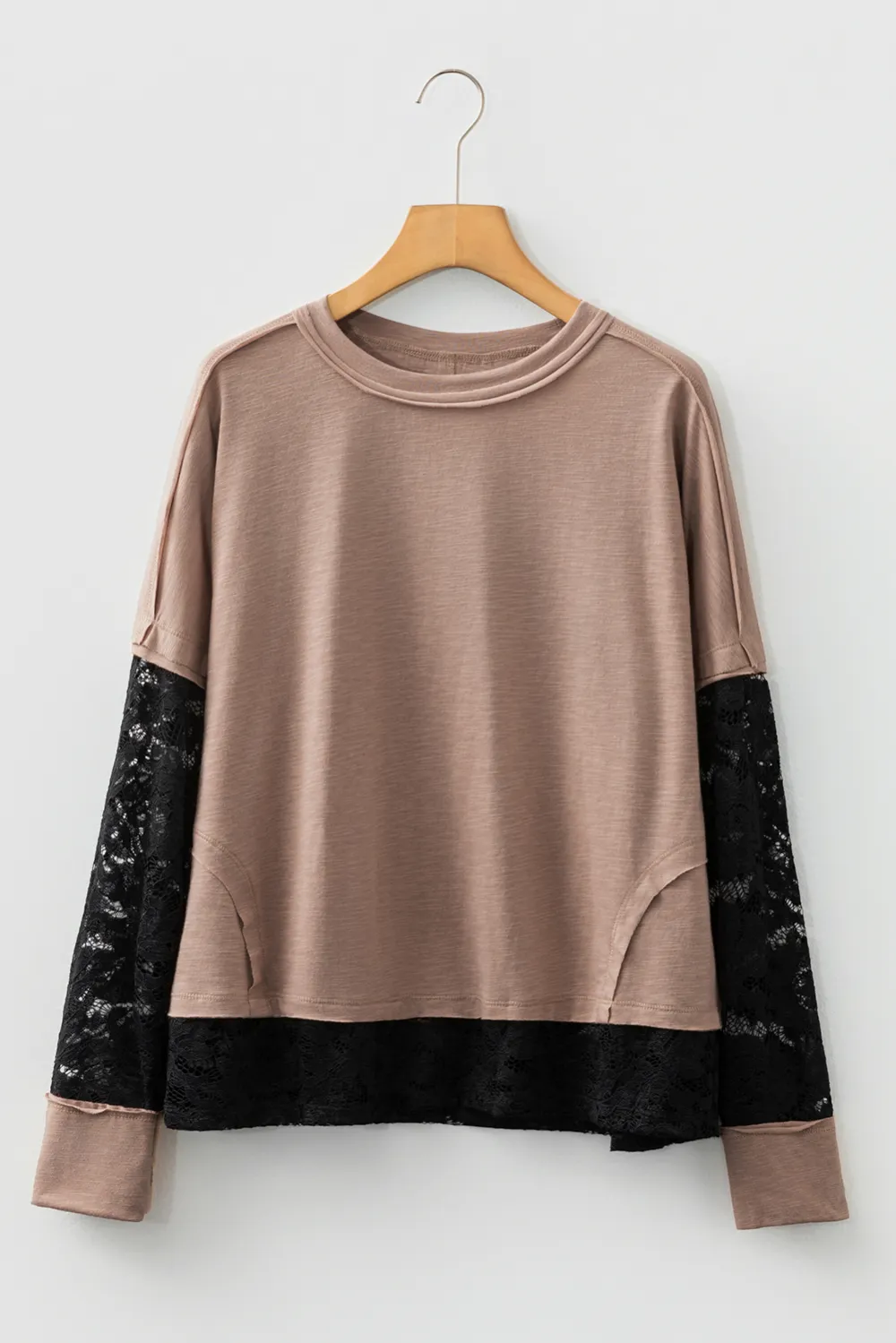 Light Beige Sheer Lace Patchwork Tee