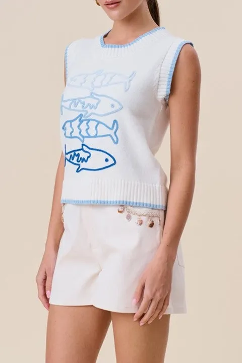 White Sardine Embroidered Knit Vest