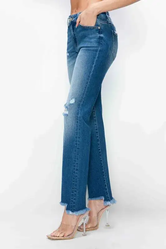 Full Size Raw Hem Distressed Mid Rise Straight Jeans