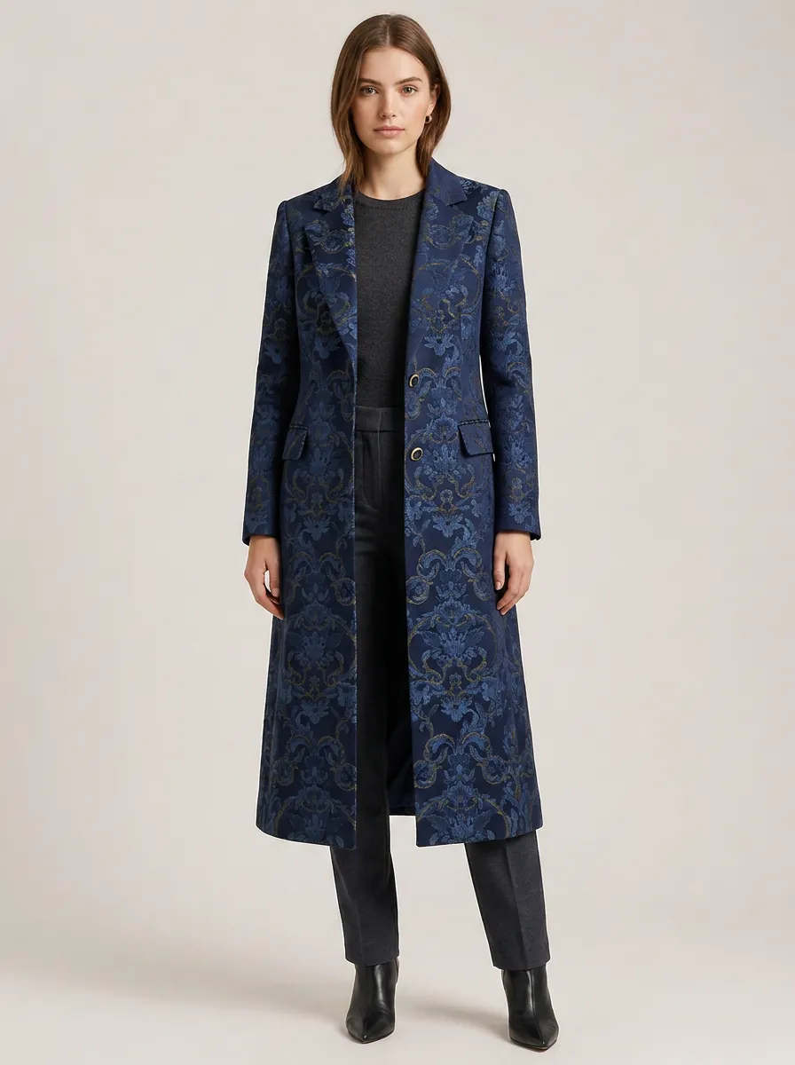 Women's Vintage Style Blue Damask Pattern Printed Long Coat