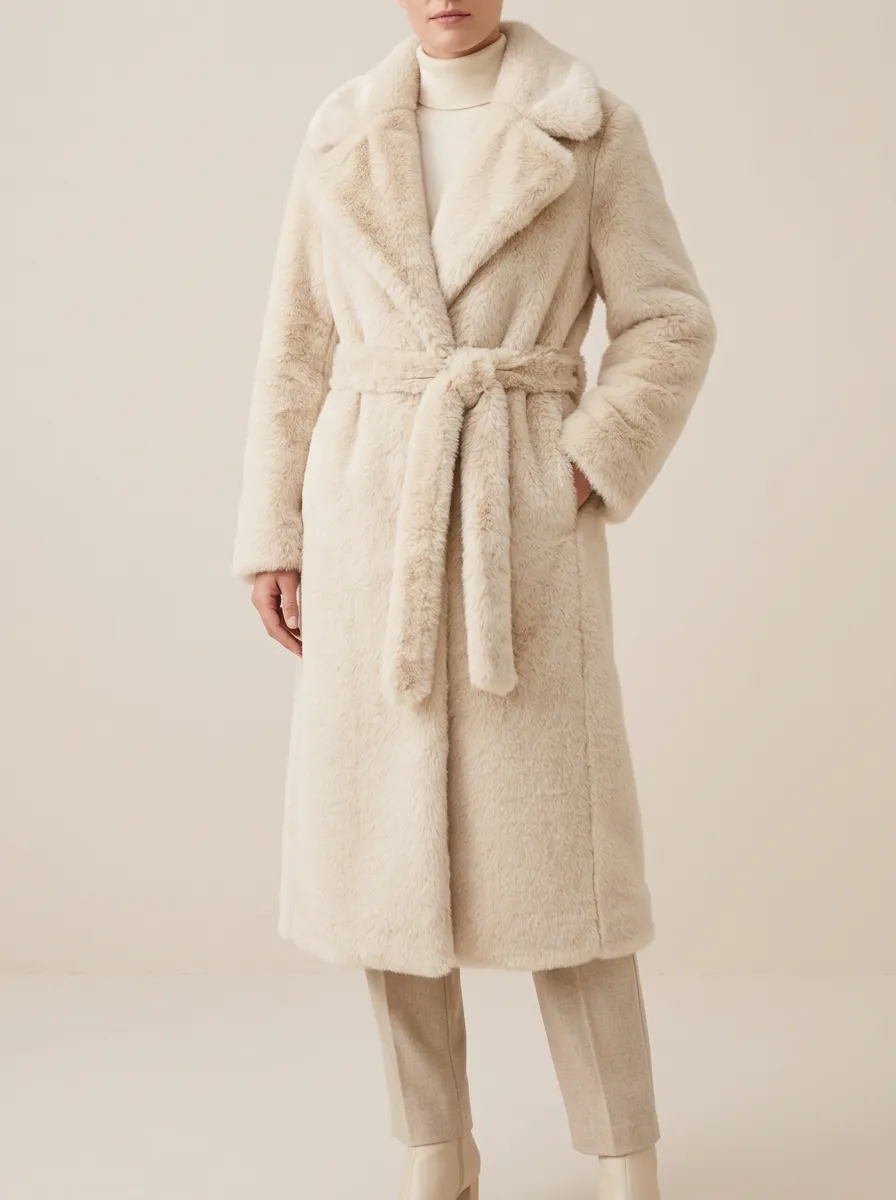 Side Pockets Solid Faux Fur Belted Coat
