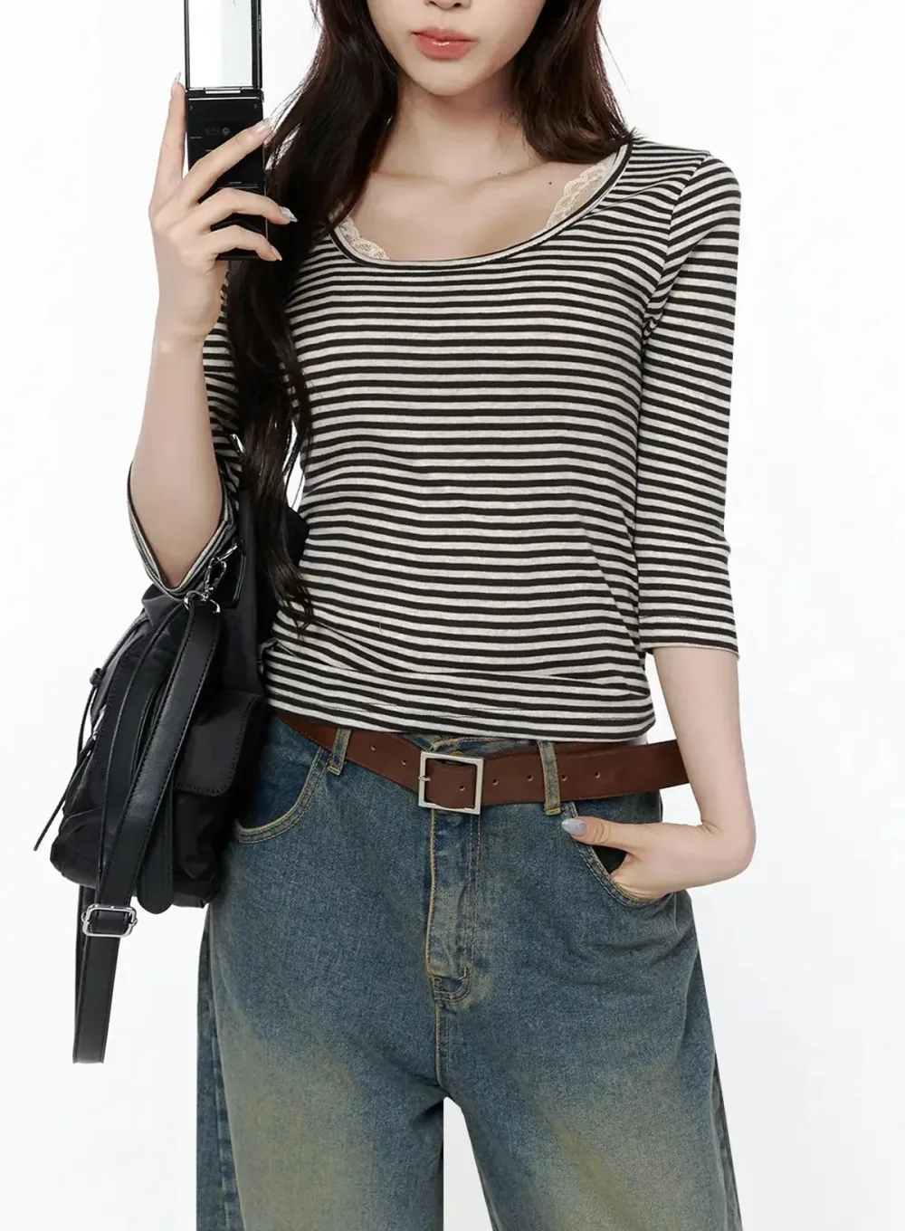 Striped Three-Quarter Long Sleeve Top