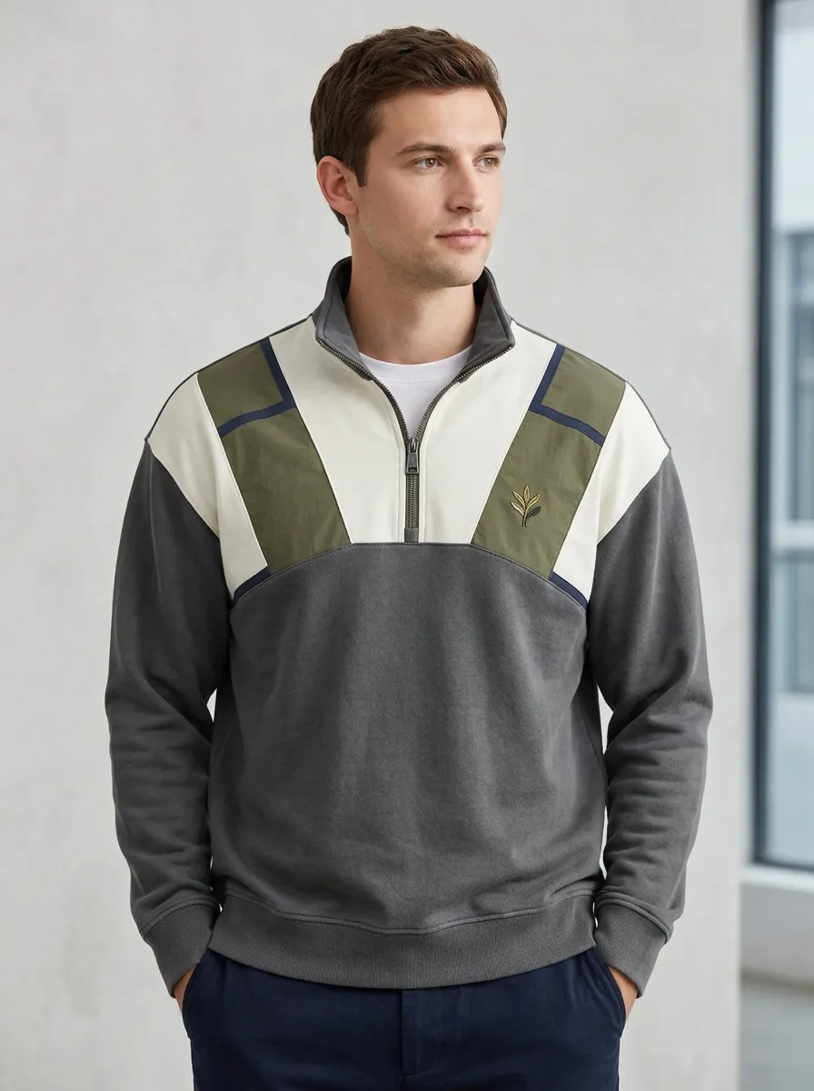 Quarter-Zip Leaf-Pattern Embroidered Men's Half-Zip Sweatshirt