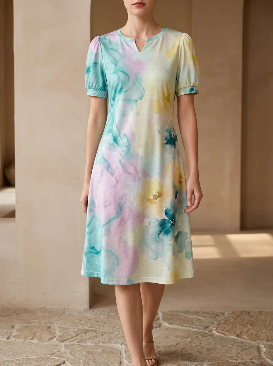 Women's Pastel Watercolor Floral Printed V-Neck Dress