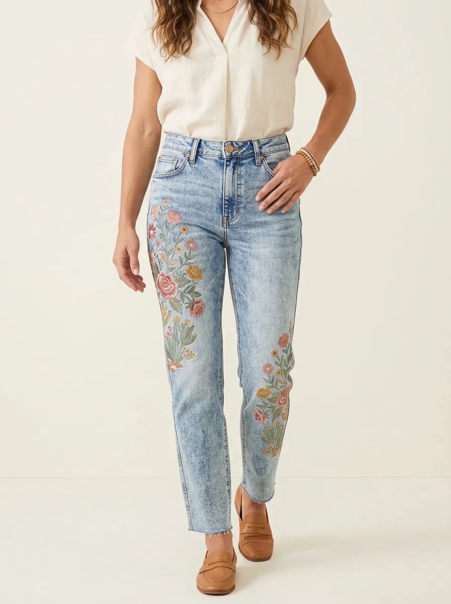 Women's Floral Lover Vintage Rose Embroidered Printed Straight Jeans