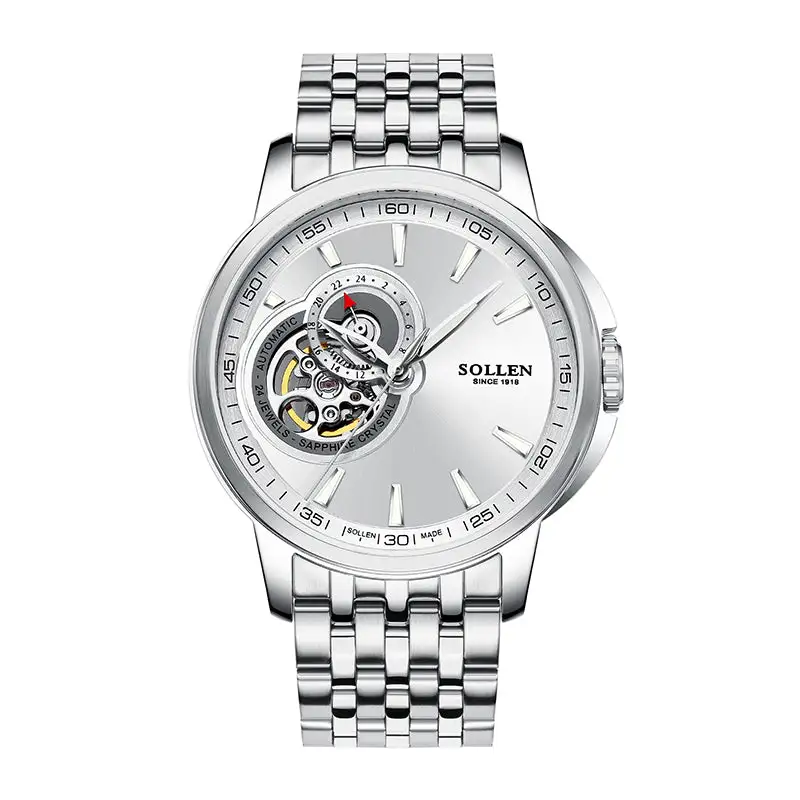 Sollen SL502 Automatic Watch - Men's Stainless Steel 7-Bead Bracelet Open-Heart Seiko NH39A Wristwatch