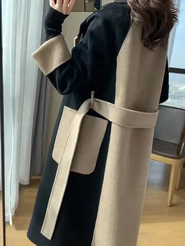 Shawl Collar Long Sleeve Contrast Stitching Buckle Regular Loose Coat For Women