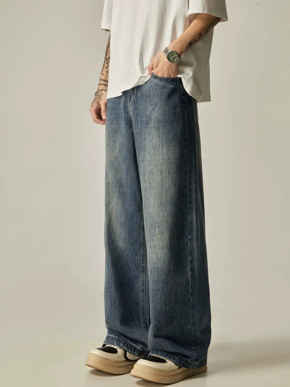 Straight-Leg Washed Vintage-Wash Jeans
