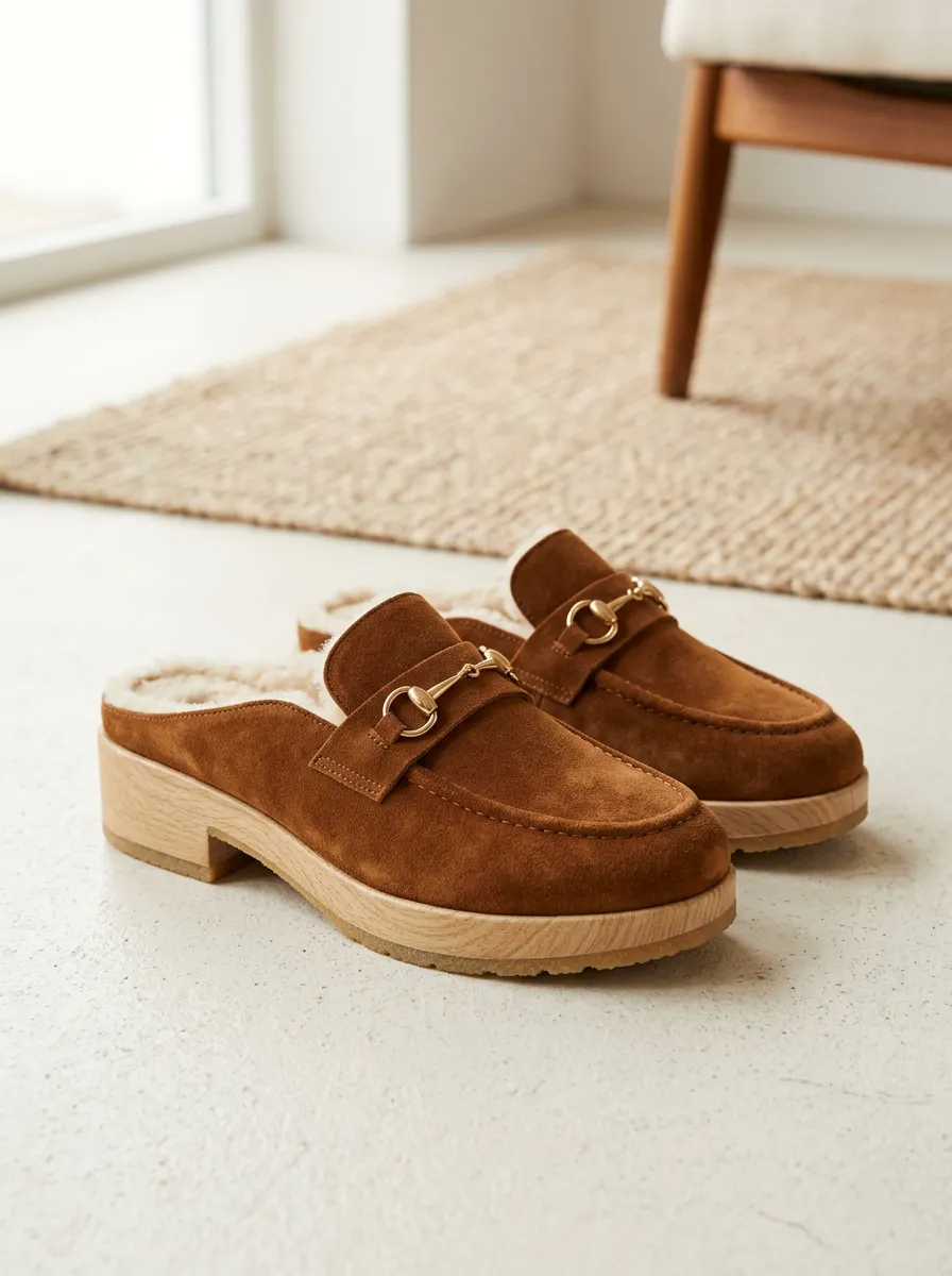 Women's Classic Faux Fur Lined Metal Detail Clog Style Casual Suede Wood Sole Loafers