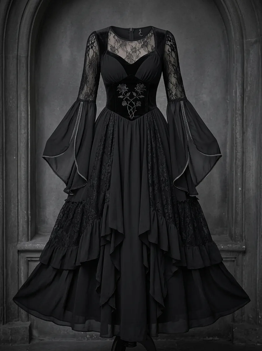 Dark Romantic Rose Lace Bell Sleeve Street Look Women's Gothic Dress