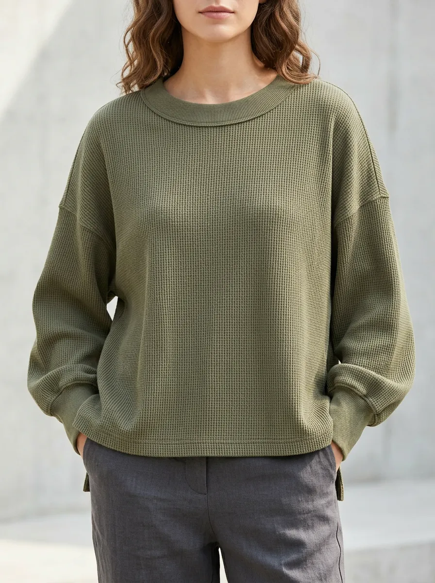 Textured Casual Waffle Knit Long Sleeve Top