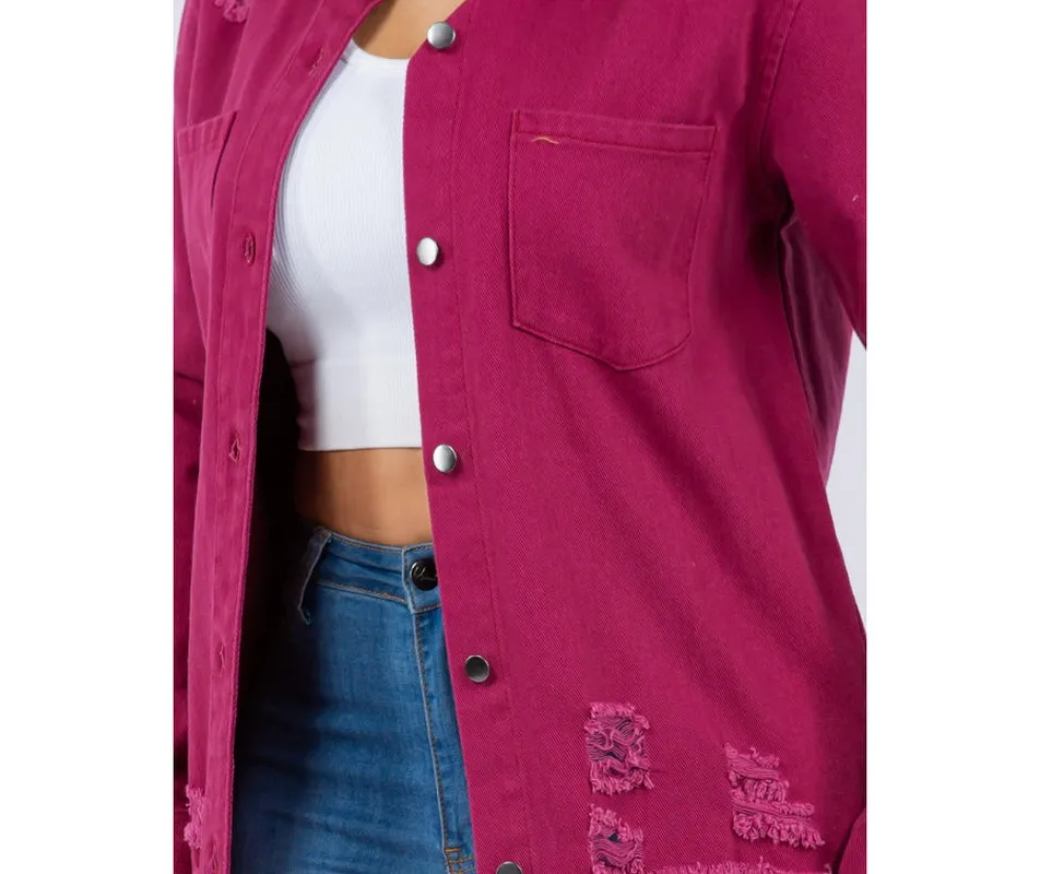 Distressed Button-Up Long-Sleeve Denim Jacket